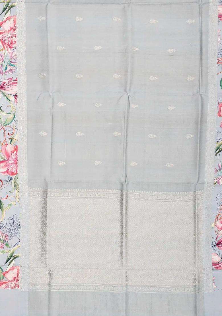 Grey Handloom Tussar Silk Saree Printed With Floral Motifs In Border For Women - Indya