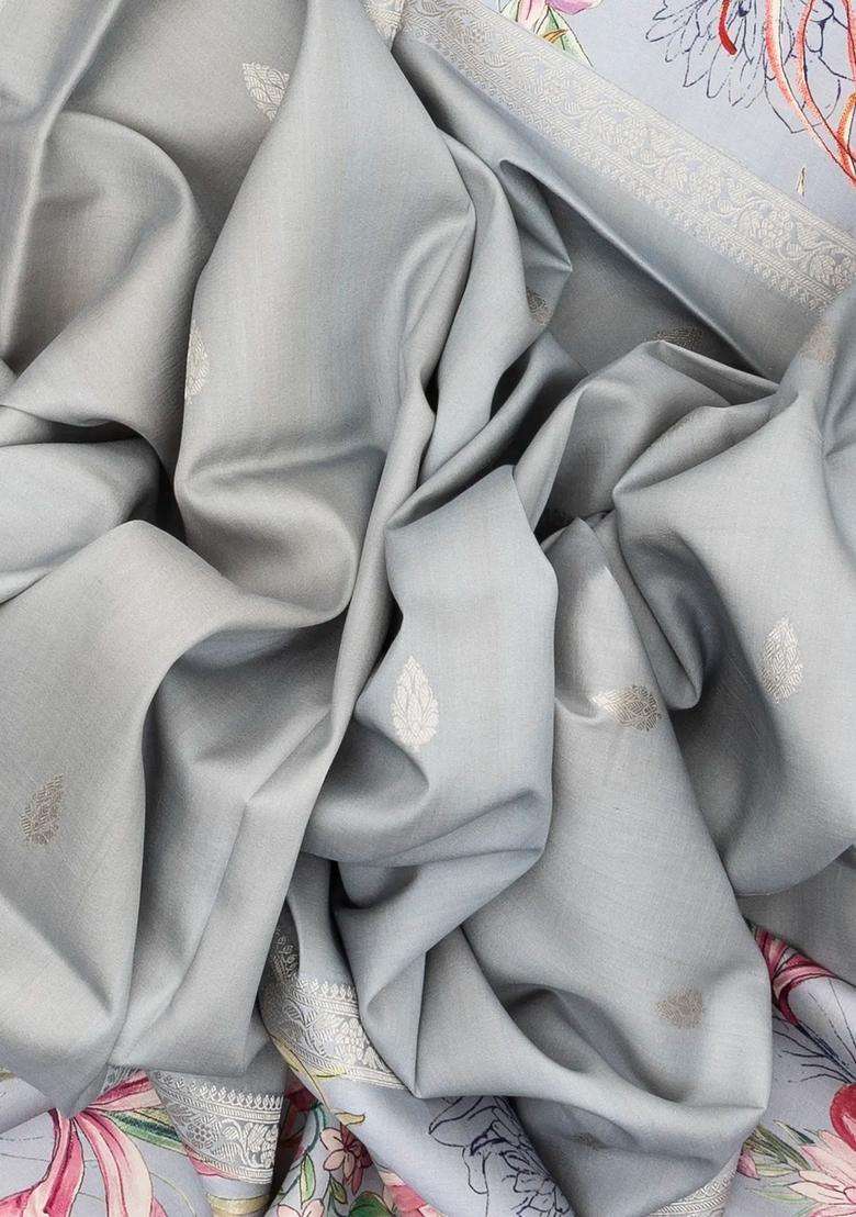 Grey Handloom Tussar Silk Saree Printed With Floral Motifs In Border For Women - Indya