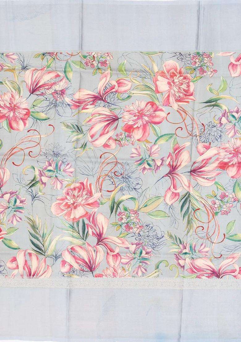 Grey Handloom Tussar Silk Saree Printed With Floral Motifs In Border For Women - Indya