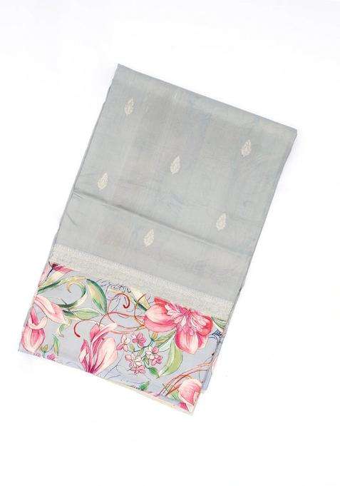 Grey Handloom Tussar Silk Saree Printed With Floral Motifs In Border For Women