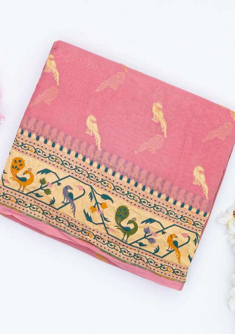 Baby Pink Handwoven Banarasi Khaddi Georgette Silk Saree With Peacock Motifs With Buttas And Brocade Design For Women - Indya