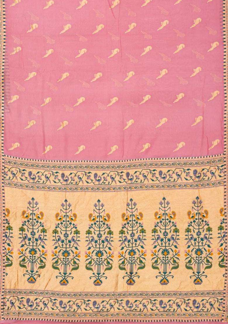 Baby Pink Handwoven Banarasi Khaddi Georgette Silk Saree With Peacock Motifs With Buttas And Brocade Design For Women - Indya