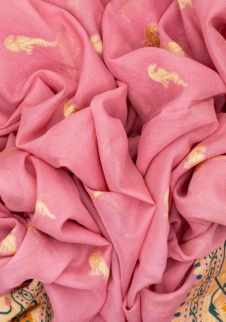 Baby Pink Handwoven Banarasi Khaddi Georgette Silk Saree With Peacock Motifs With Buttas And Brocade Design For Women - Indya