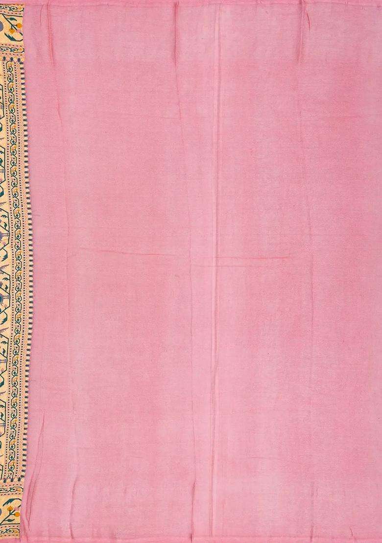 Baby Pink Handwoven Banarasi Khaddi Georgette Silk Saree With Peacock Motifs With Buttas And Brocade Design For Women - Indya