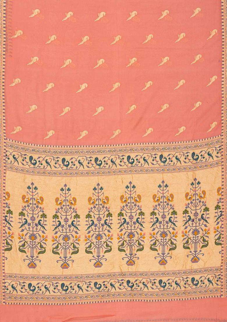 Light Peach Handwoven Banarasi Khaddi Georgette Silk Saree With Peacock Motifs With Buttas And Brocade Design For Women - Indya