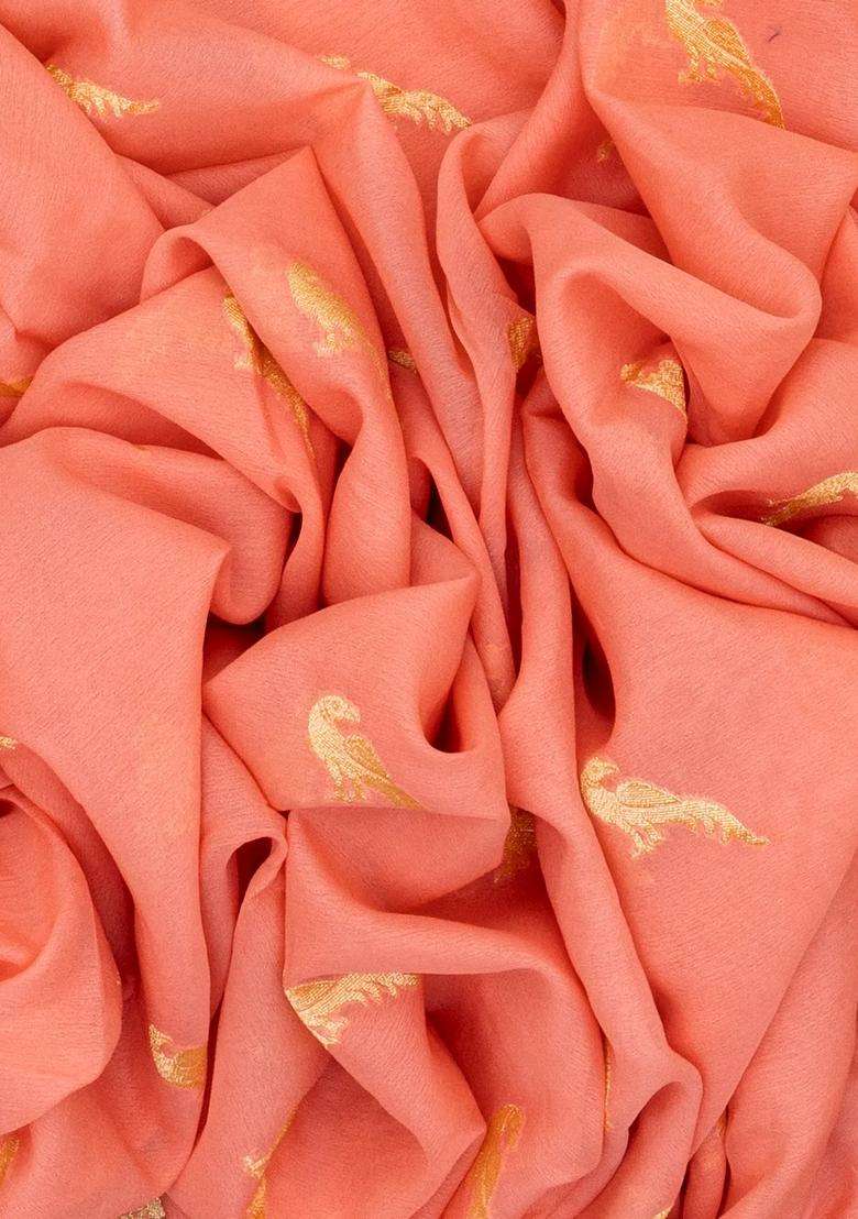 Light Peach Handwoven Banarasi Khaddi Georgette Silk Saree With Peacock Motifs With Buttas And Brocade Design For Women - Indya