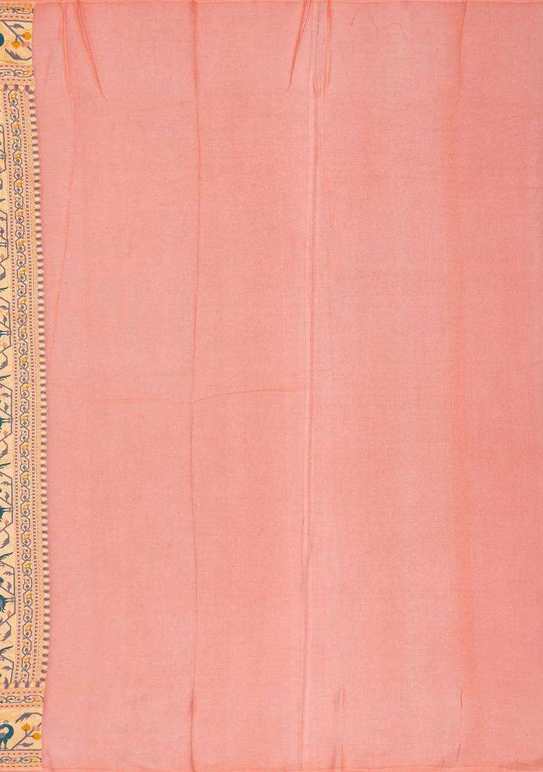 Light Peach Handwoven Banarasi Khaddi Georgette Silk Saree With Peacock Motifs With Buttas And Brocade Design For Women - Indya
