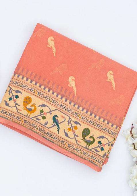 Light Peach Handwoven Banarasi Khaddi Georgette Silk Saree With Peacock Motifs With Buttas And Brocade Design For Women