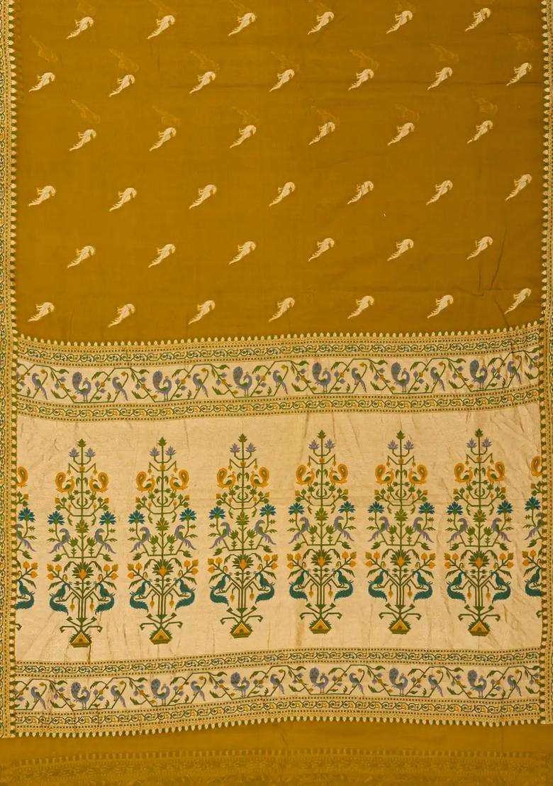 Oil Mustard Handwoven Banarasi Khaddi Georgette Silk Saree With Peacock Motifs With Buttas And Brocade Design For Women - Indya