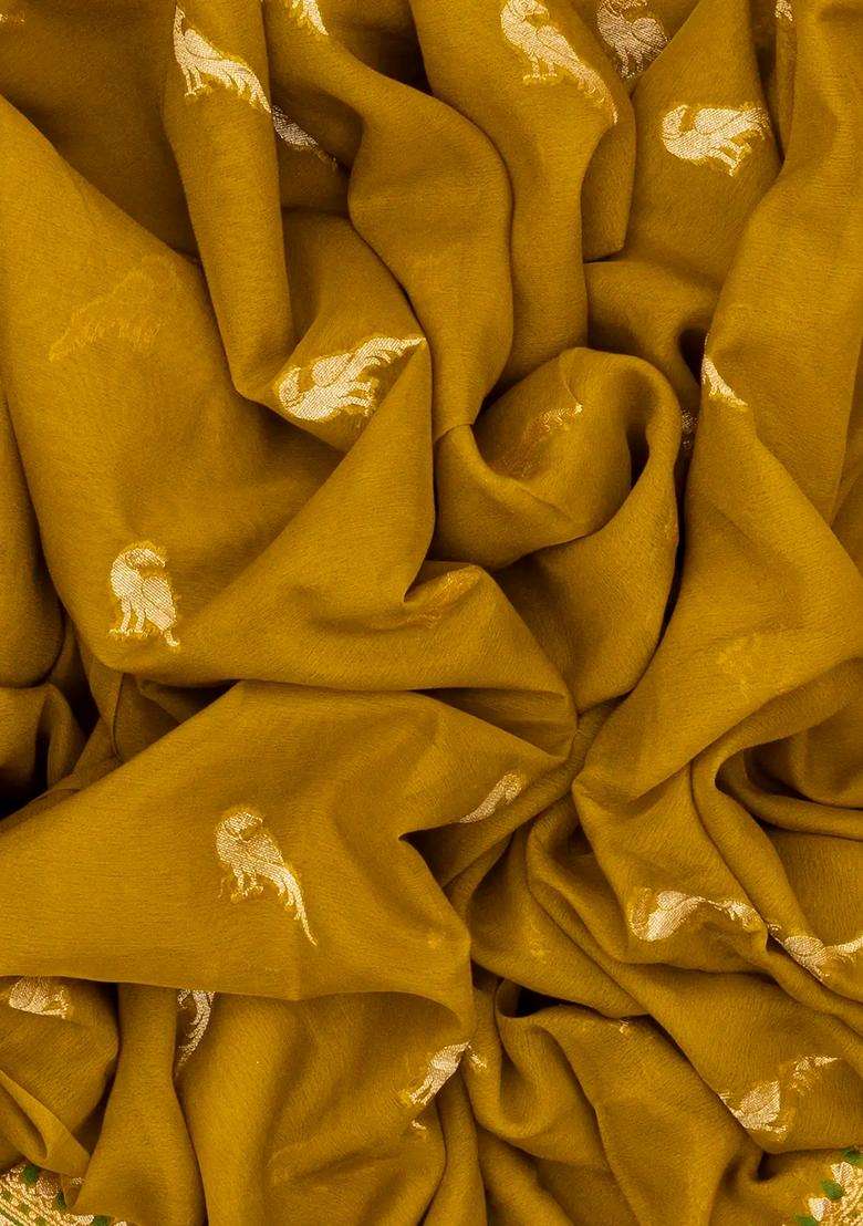 Oil Mustard Handwoven Banarasi Khaddi Georgette Silk Saree With Peacock Motifs With Buttas And Brocade Design For Women - Indya