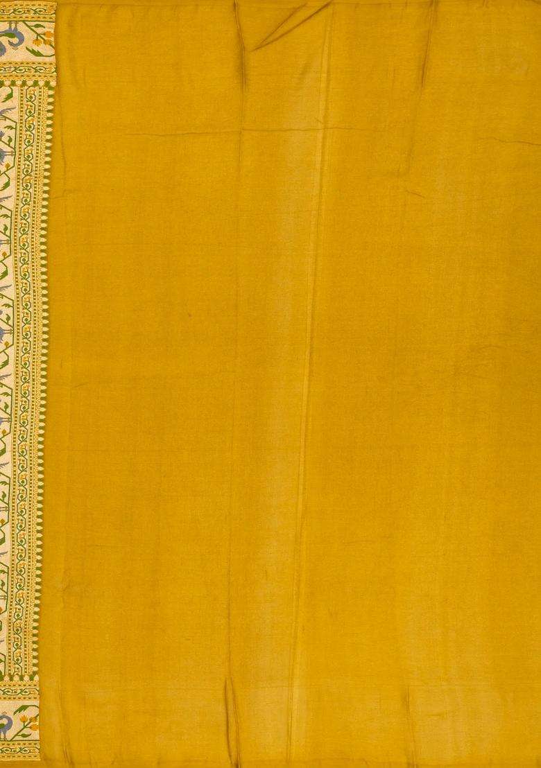 Oil Mustard Handwoven Banarasi Khaddi Georgette Silk Saree With Peacock Motifs With Buttas And Brocade Design For Women - Indya
