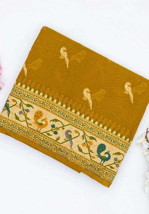 Oil Mustard Handwoven Banarasi Khaddi Georgette Silk Saree With Peacock Motifs With Buttas And Brocade Design For Women