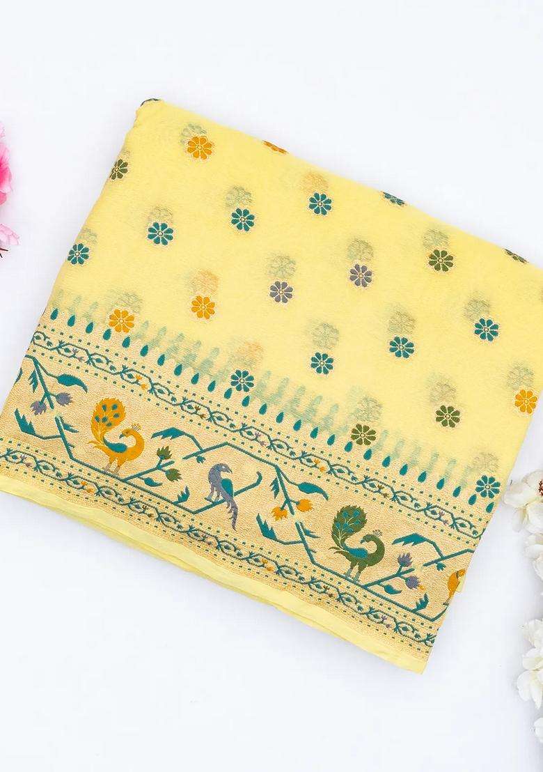 Yellow Handwoven Banarasi Khaddi Georgette Silk Saree With Kamalam Motifs With Buttas And Brocade Design For Women - Indya