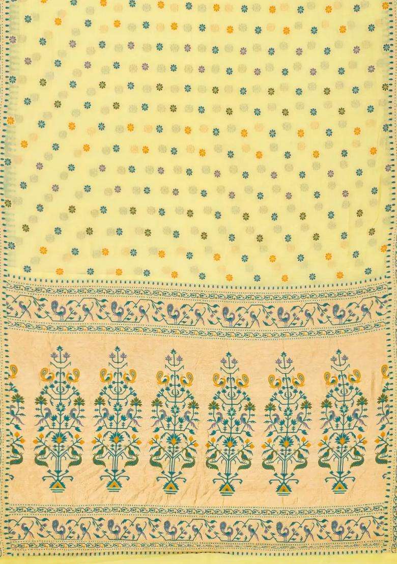 Yellow Handwoven Banarasi Khaddi Georgette Silk Saree With Kamalam Motifs With Buttas And Brocade Design For Women - Indya