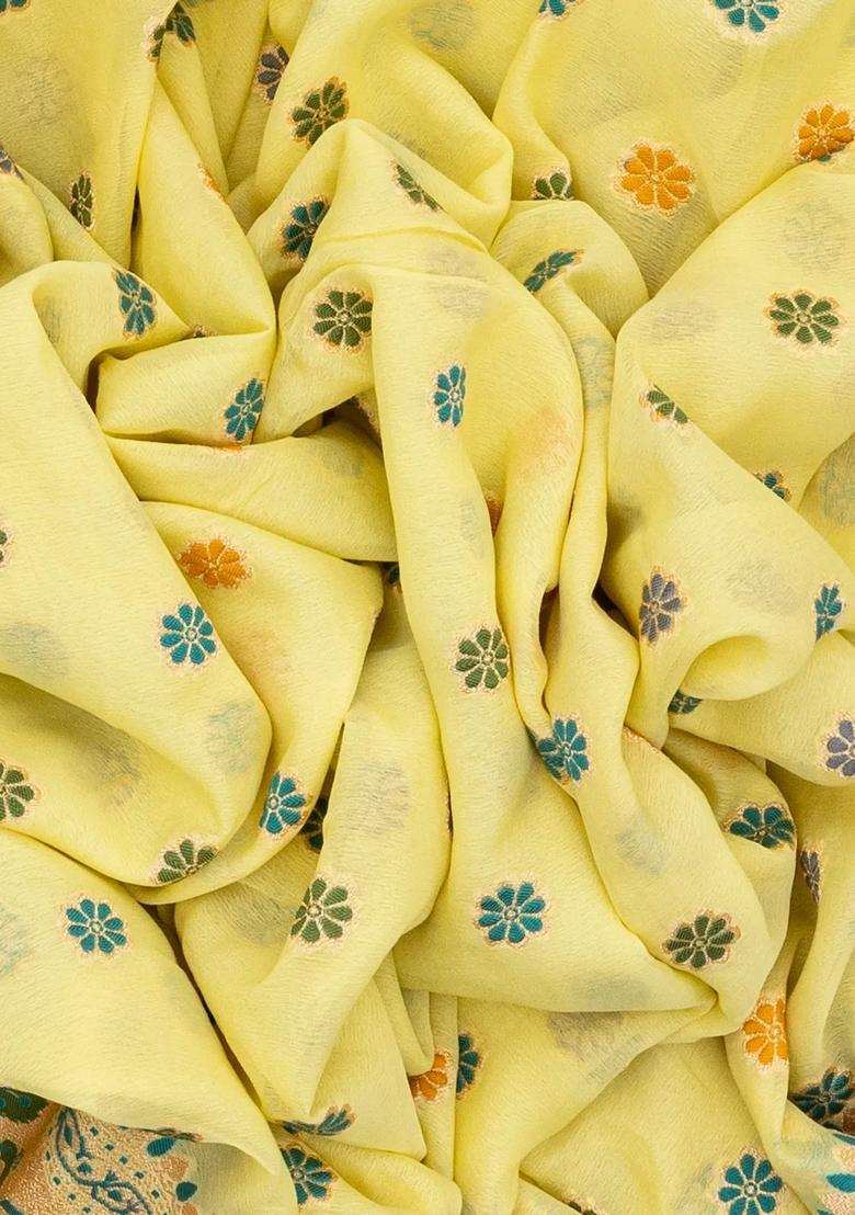Yellow Handwoven Banarasi Khaddi Georgette Silk Saree With Kamalam Motifs With Buttas And Brocade Design For Women - Indya