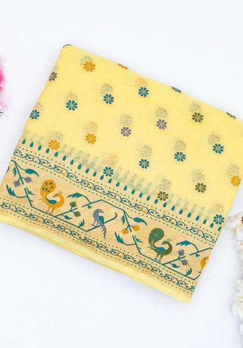 Yellow Handwoven Banarasi Khaddi Georgette Silk Saree With Kamalam Motifs With Buttas And Brocade Design For Women