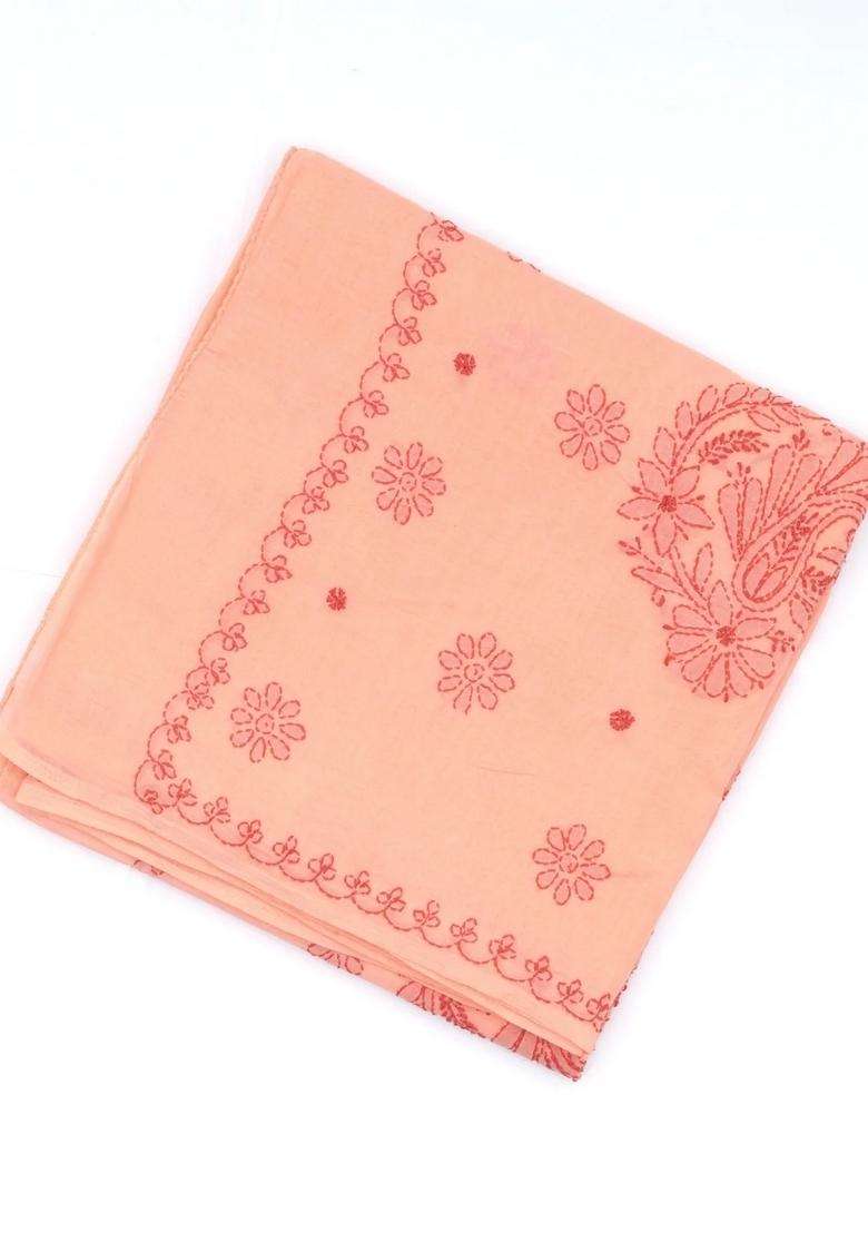 Peach Chikankari Embroidered Cotton Saree With Floral Motifs For Women - Indya