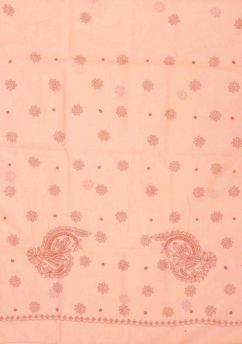 Peach Chikankari Embroidered Cotton Saree With Floral Motifs For Women - Indya