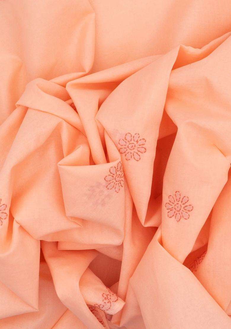 Peach Chikankari Embroidered Cotton Saree With Floral Motifs For Women - Indya