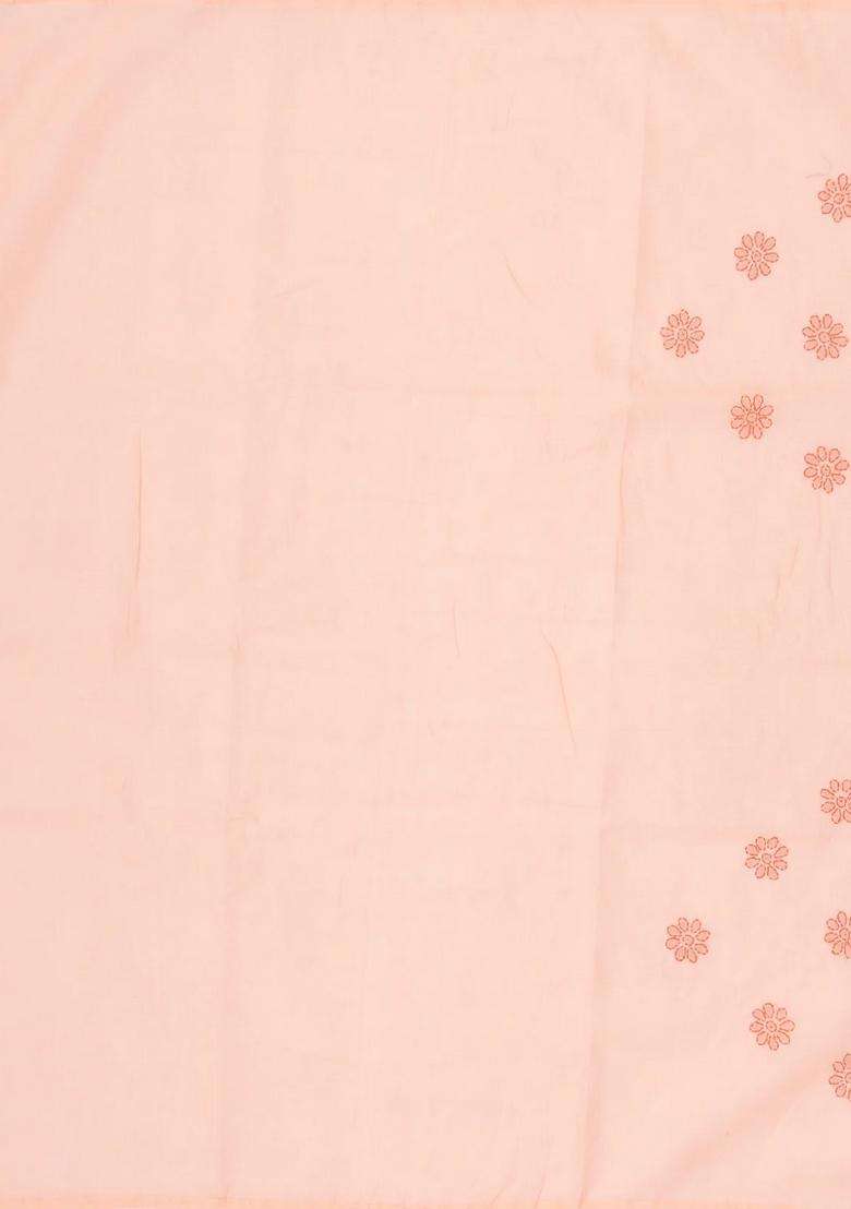 Peach Chikankari Embroidered Cotton Saree With Floral Motifs For Women - Indya