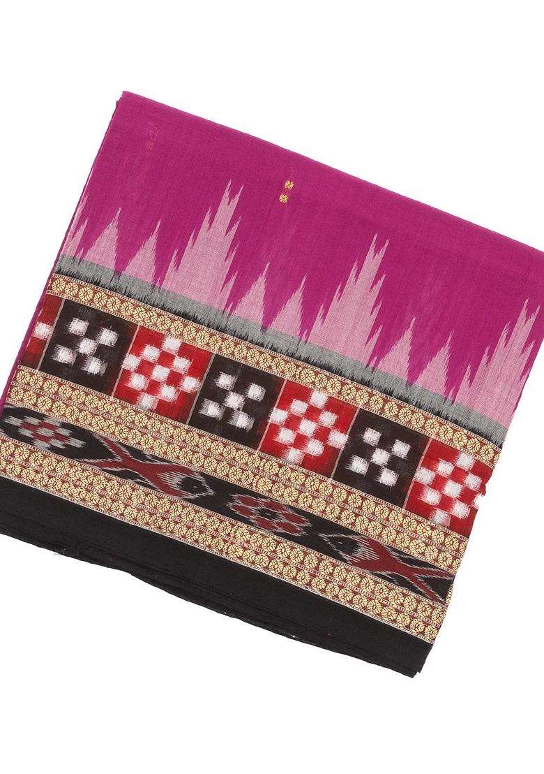 Hot Pink Orissa Cotton Saree With Tie Dye And Temple Border Motifs With Korvai And Temple Border Design For Women - Indya