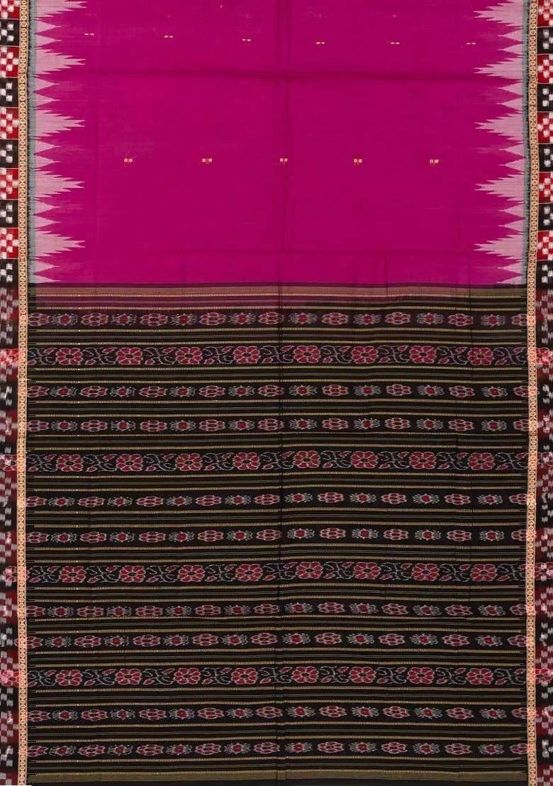 Hot Pink Orissa Cotton Saree With Tie Dye And Temple Border Motifs With Korvai And Temple Border Design For Women - Indya