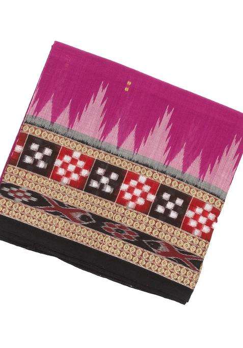 Hot Pink Orissa Cotton Saree With Tie Dye And Temple Border Motifs With Korvai And Temple Border Design For Women
