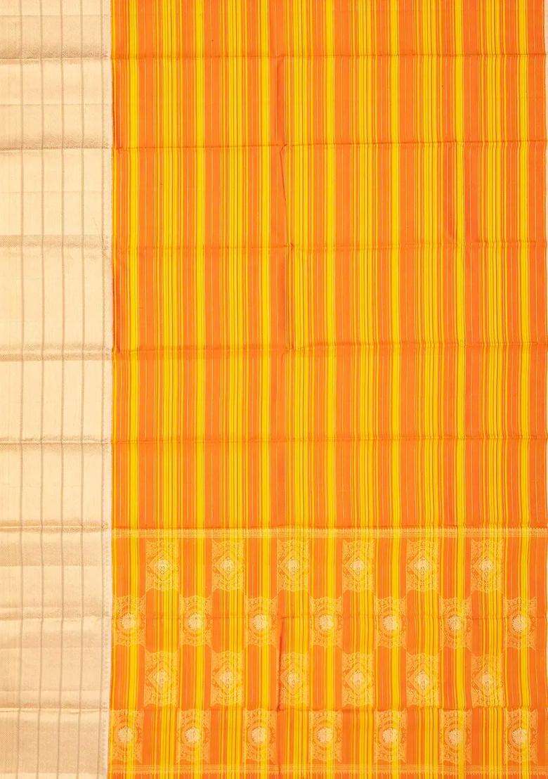 Orange Yellow Handloom Kanchipuram Silk Saree Korvai With Stripes With Korvai And Temple Border Design For Women - Indya