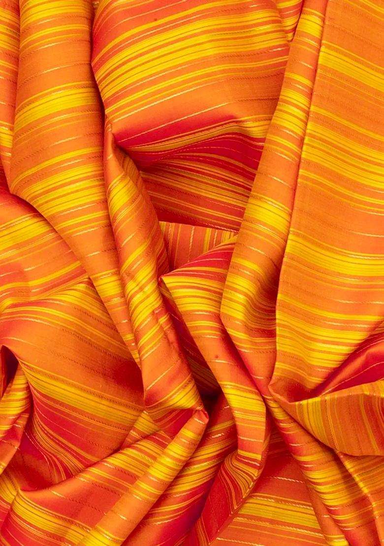 Orange Yellow Handloom Kanchipuram Silk Saree Korvai With Stripes With Korvai And Temple Border Design For Women - Indya