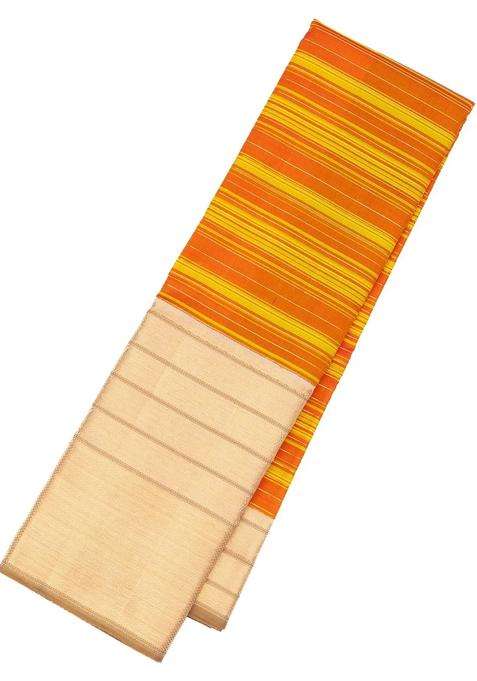 Orange Yellow Handloom Kanchipuram Silk Saree Korvai With Stripes With Korvai And Temple Border Design For Women