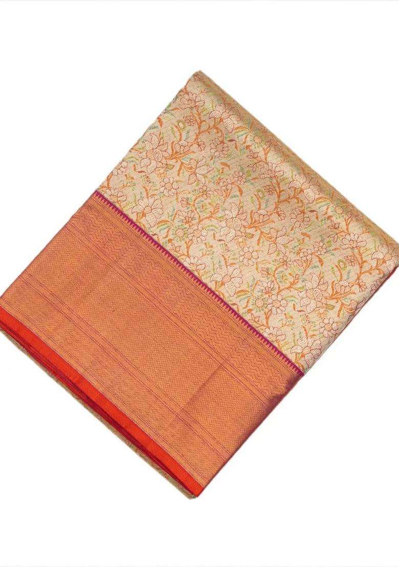Beige Handloom Kanchipuram Tissue Silk Saree With Meenakari Floral Motifs With Buttas And Brocade Design For Women - Indya