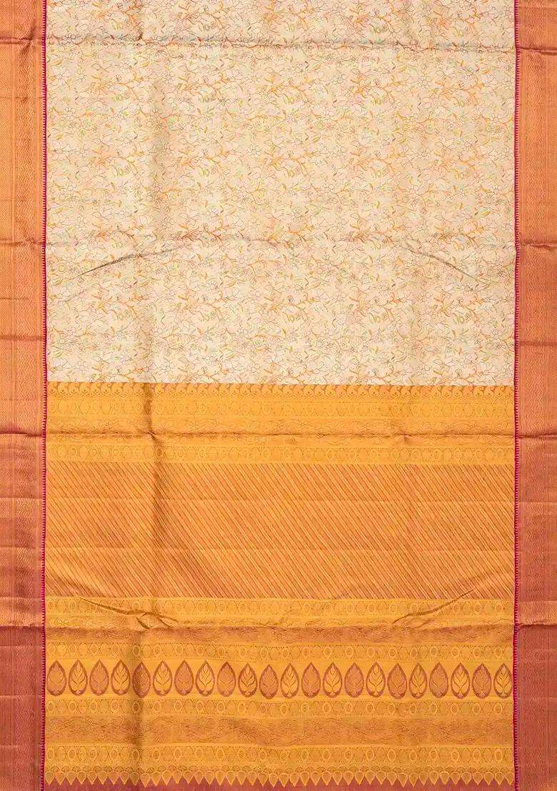 Beige Handloom Kanchipuram Tissue Silk Saree With Meenakari Floral Motifs With Buttas And Brocade Design For Women - Indya