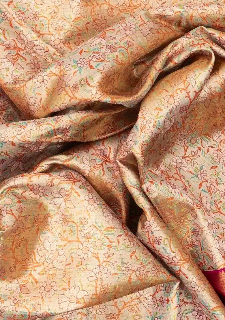 Beige Handloom Kanchipuram Tissue Silk Saree With Meenakari Floral Motifs With Buttas And Brocade Design For Women - Indya