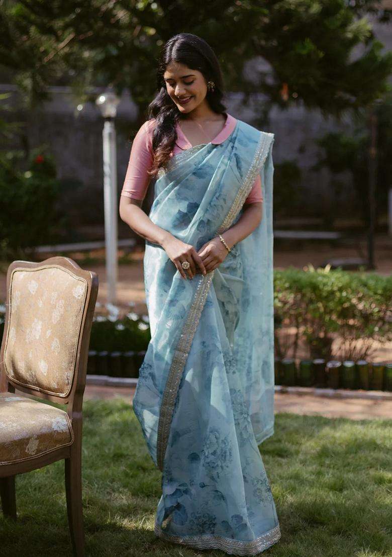 Turquoise Woven Organza Printed Saree With Embroidered Border For Women - Indya