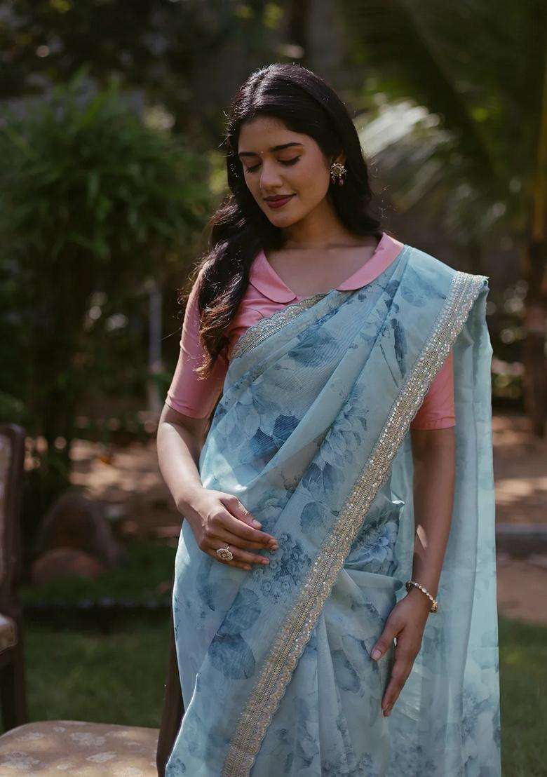 Turquoise Woven Organza Printed Saree With Embroidered Border For Women - Indya