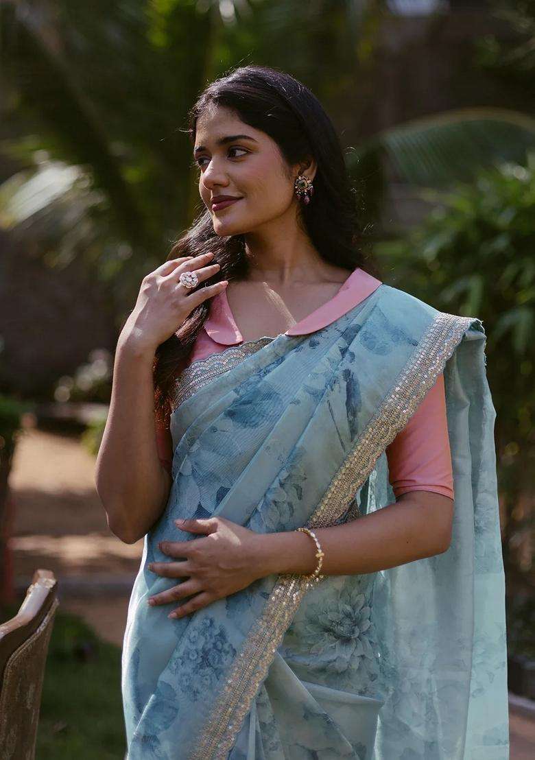 Turquoise Woven Organza Printed Saree With Embroidered Border For Women - Indya