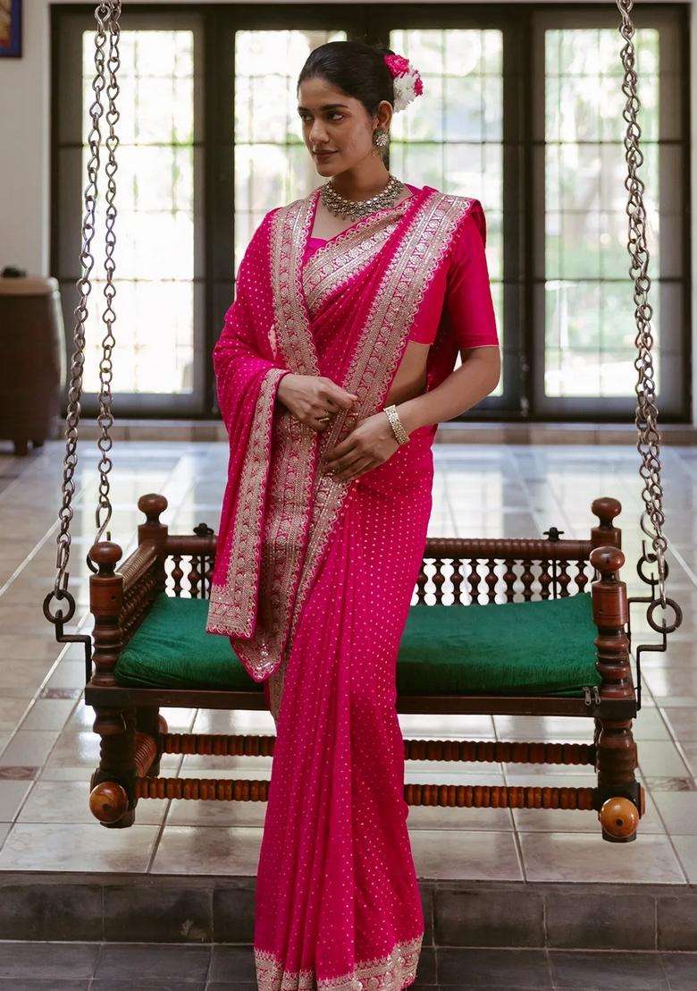 Pink Woven Georgette Saree With Floral Embroidery With Embroidered Design For Women - Indya