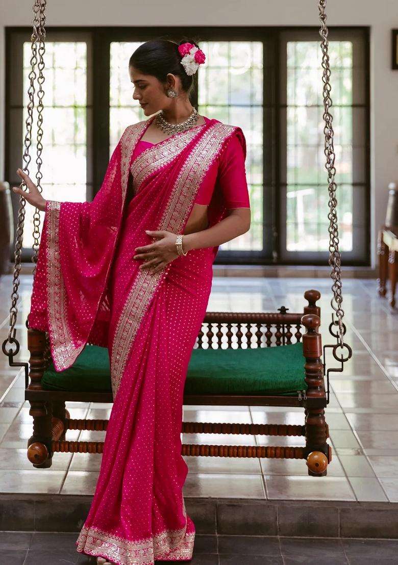 Pink Woven Georgette Saree With Floral Embroidery With Embroidered Design For Women - Indya