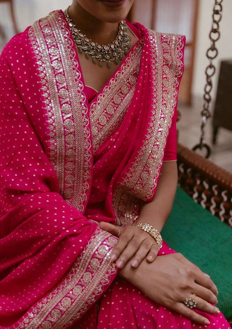 Pink Woven Georgette Saree With Floral Embroidery With Embroidered Design For Women - Indya
