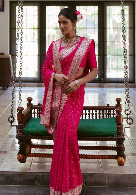 Pink Woven Georgette Saree With Floral Embroidery With Embroidered Design For Women
