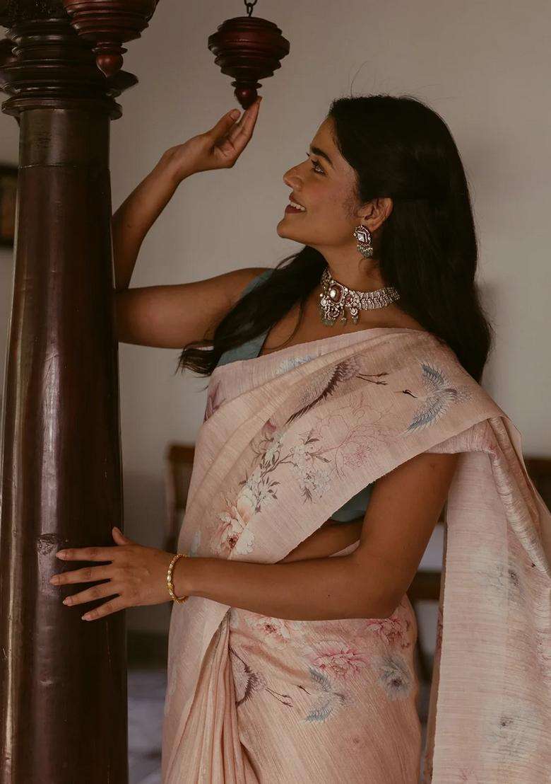 Light Peach Handwoven Tussar Saree With Printed Floral Motifs For Women - Indya