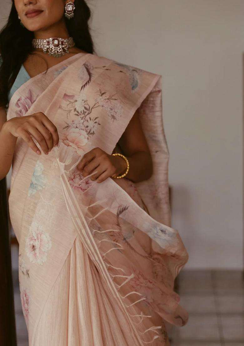 Light Peach Handwoven Tussar Saree With Printed Floral Motifs For Women - Indya