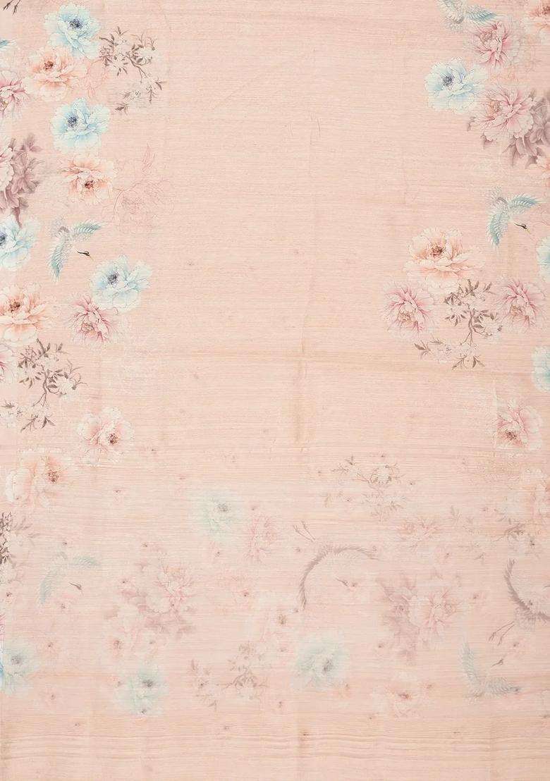 Light Peach Handwoven Tussar Saree With Printed Floral Motifs For Women - Indya