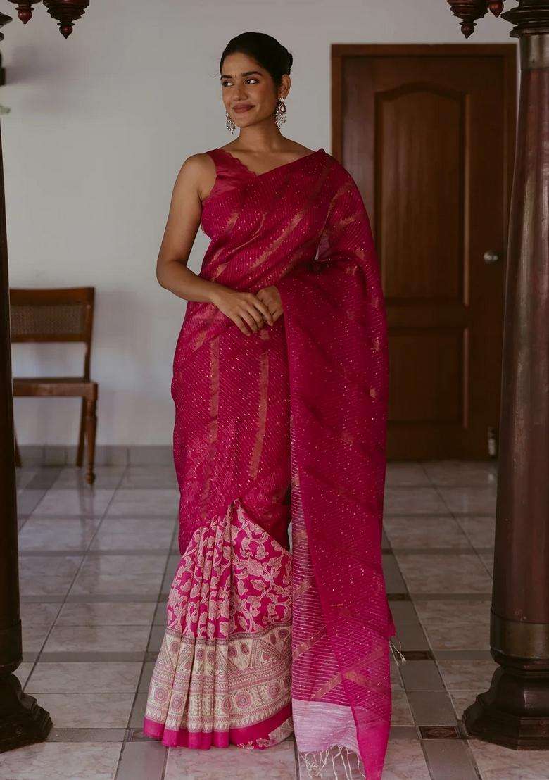 Pink Handwoven Organza Linen Partly Saree With Embroidered Design For Women - Indya