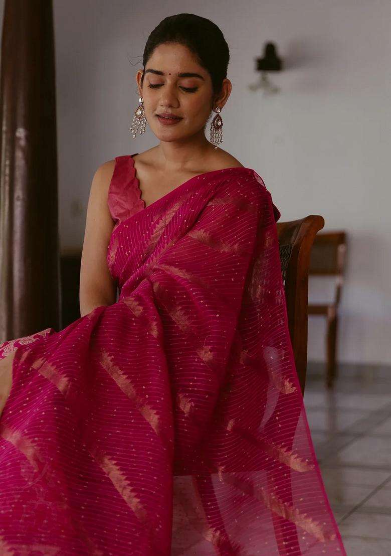 Pink Handwoven Organza Linen Partly Saree With Embroidered Design For Women - Indya