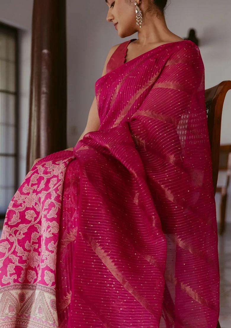 Pink Handwoven Organza Linen Partly Saree With Embroidered Design For Women - Indya