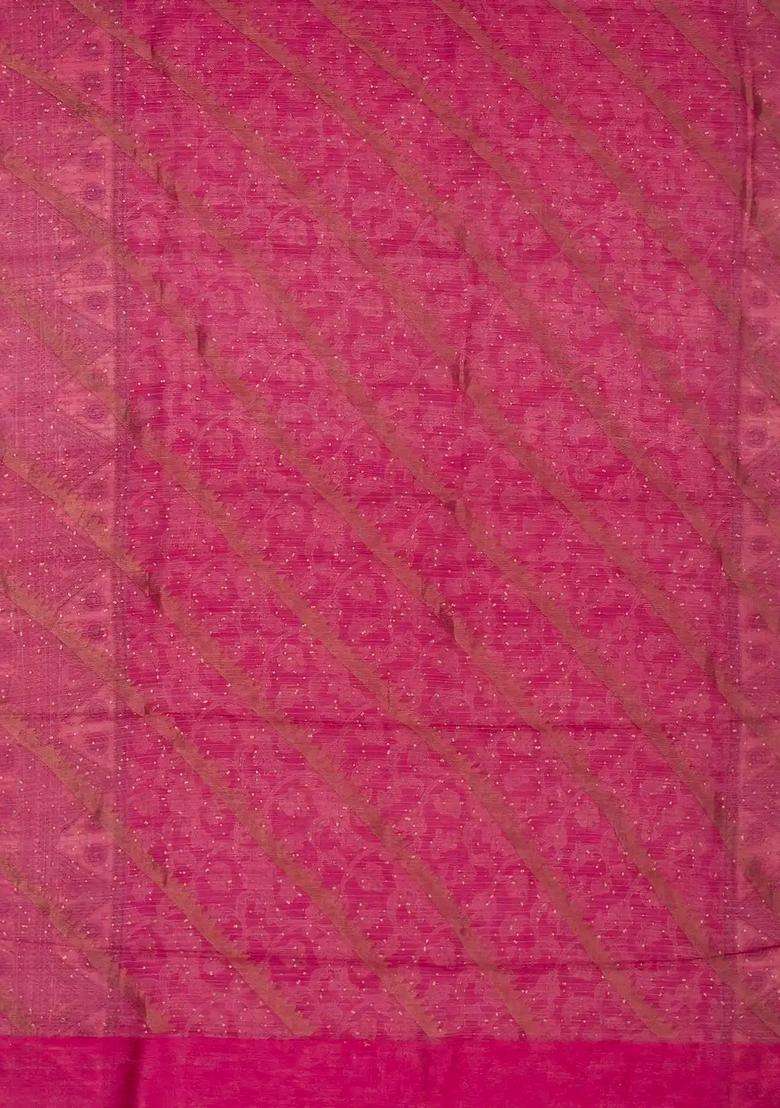 Pink Handwoven Organza Linen Partly Saree With Embroidered Design For Women - Indya