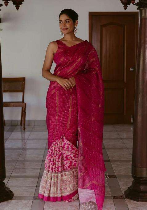 Pink Handwoven Organza Linen Partly Saree With Embroidered Design For Women