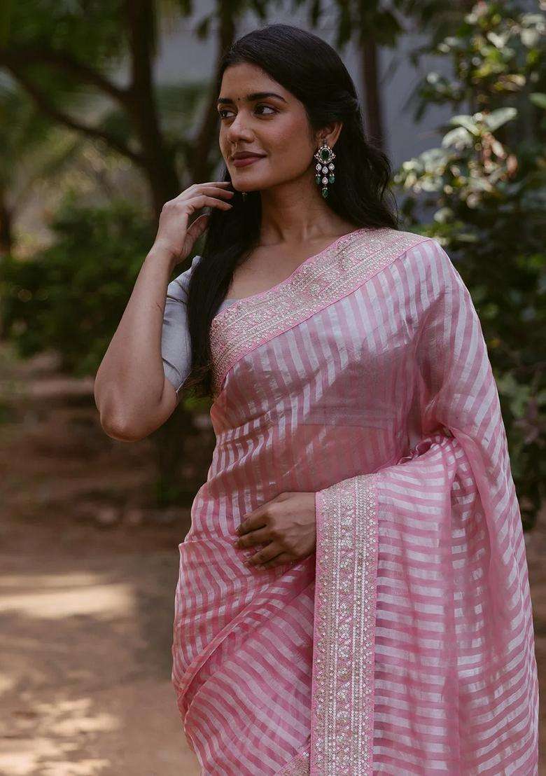 Bubblegum Pink Bubble Gum Pink Woven Organza Silk Saree With Embroidered Floral Motifs For Women - Indya