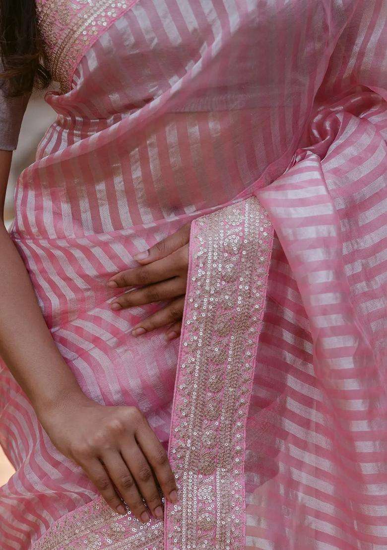 Bubblegum Pink Bubble Gum Pink Woven Organza Silk Saree With Embroidered Floral Motifs For Women - Indya